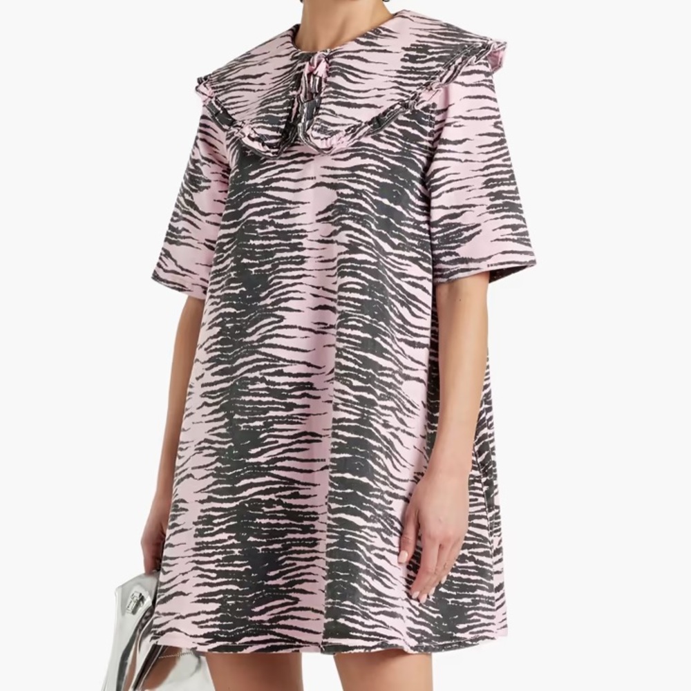 Ganni pink and black tiger denim babydoll dress